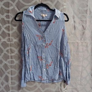 Blue and white striped button up shoulder peekaboo shirt